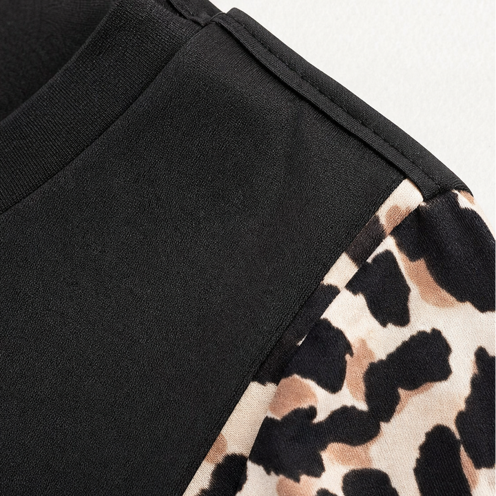 Wearleta – Leopard Contrast-Sleeve Ruffle Peplum Blouse