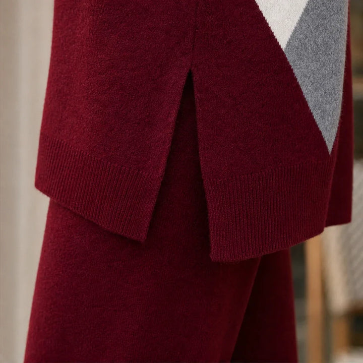 Argyle Ease – Argyle Knit Sweater And Wide-Leg Trouser Set