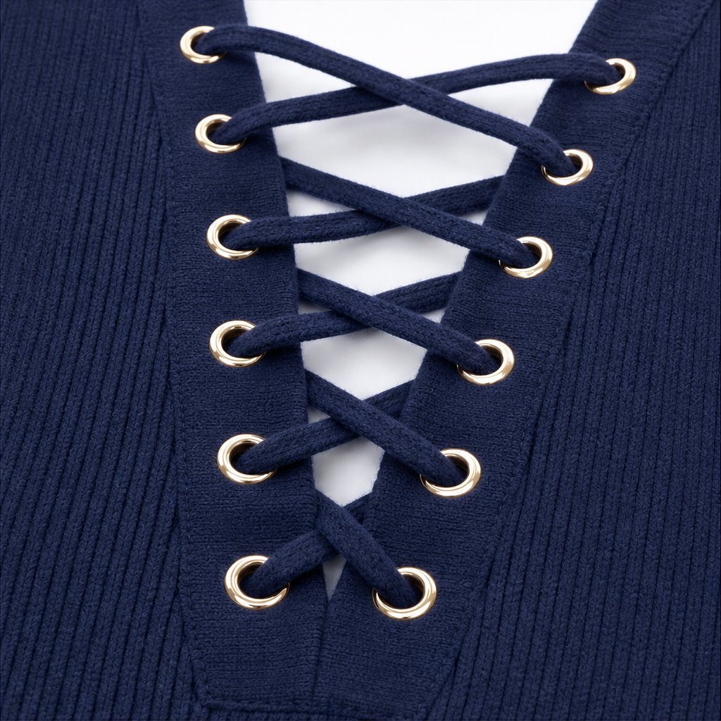 Lacedelle – Ribbed Lace-Up V-Neck Gold-Detail Top