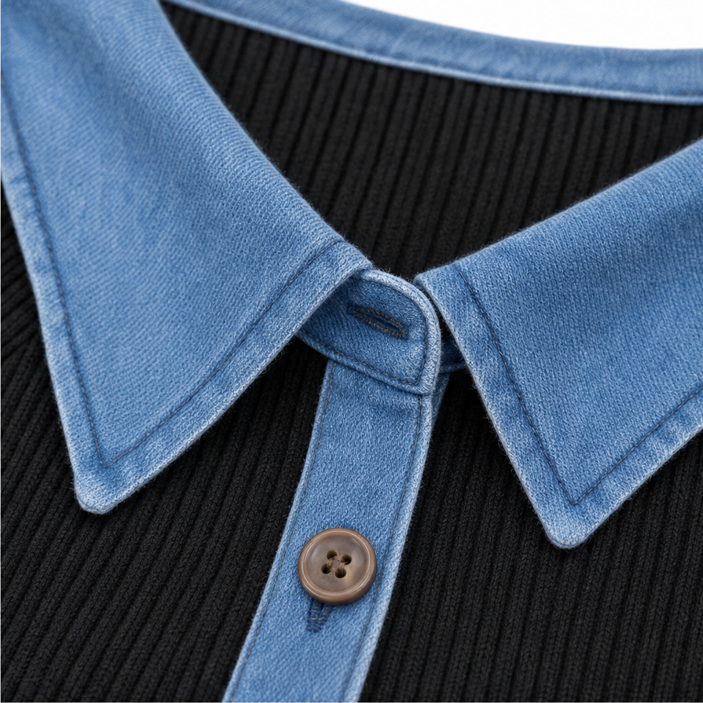 Denimelle – Denim-Trim V-Neck Knit Top
