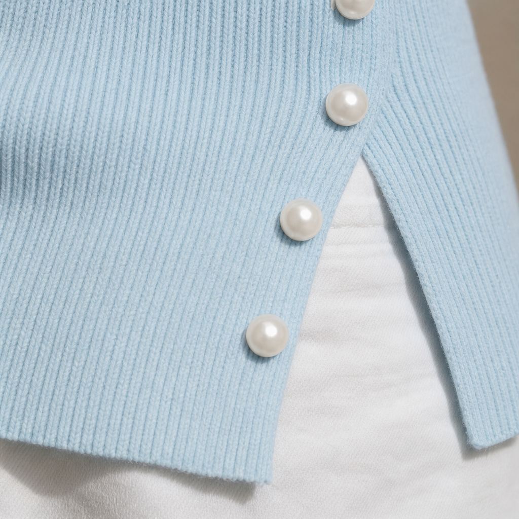 Cassidra – Pearl-Trim Off-Shoulder Ribbed Knit Top