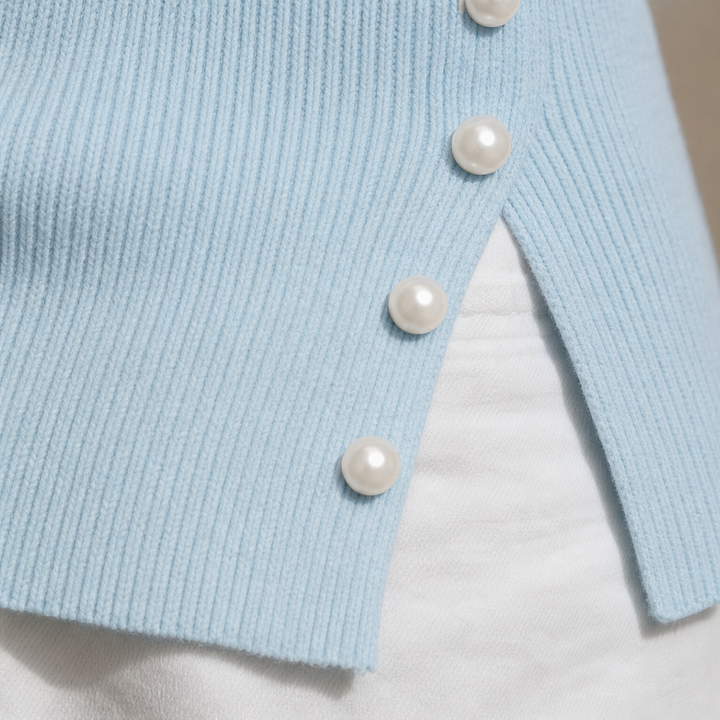 Cassidra – Pearl-Trim Off-Shoulder Ribbed Knit Top