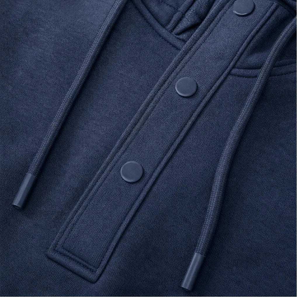 Placket & Poise – Three-Button Hooded Sweatshirt