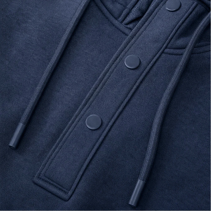 Placket & Poise – Three-Button Hooded Sweatshirt