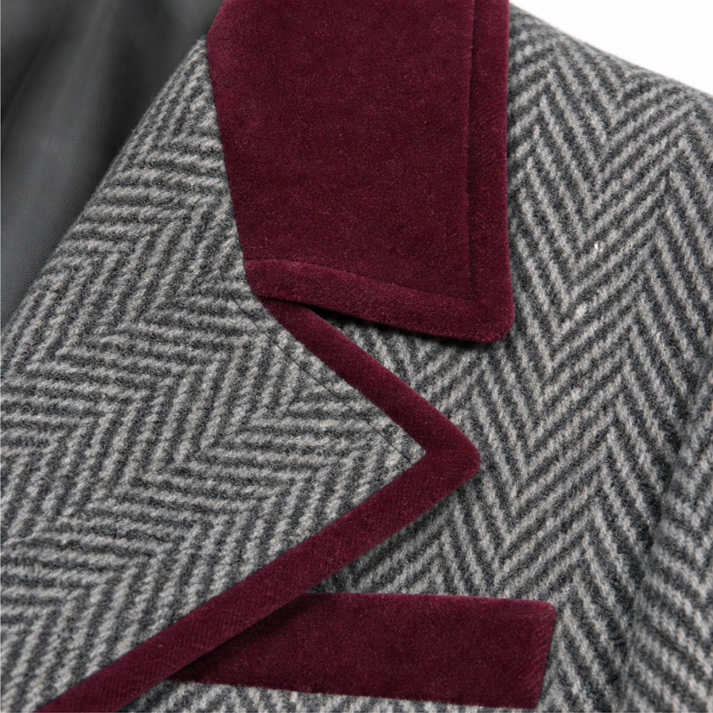 Veloura – Burgundy Herringbone Long Coat