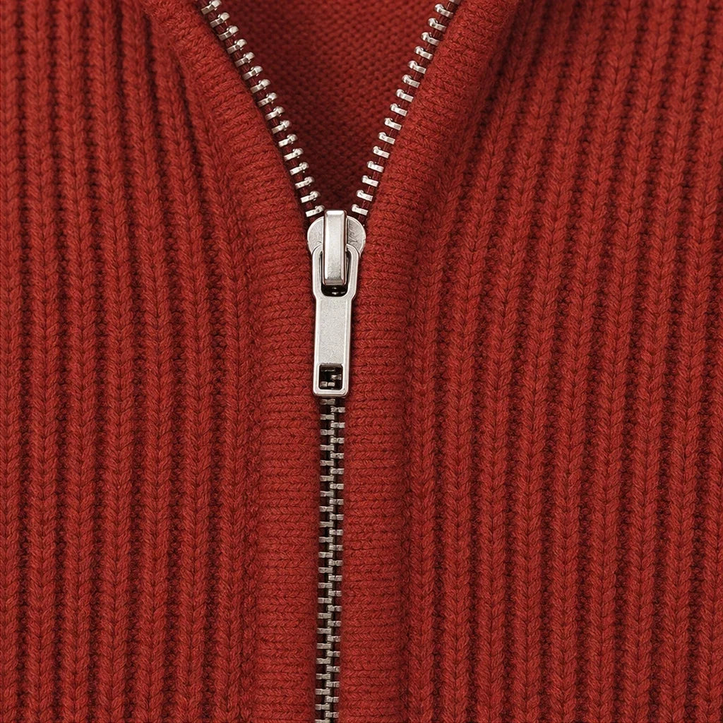 Ribbella – Ribbed Knit Full-Zip Collared Cardigan