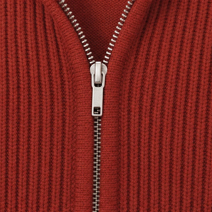 Ribbella – Ribbed Knit Full-Zip Collared Cardigan