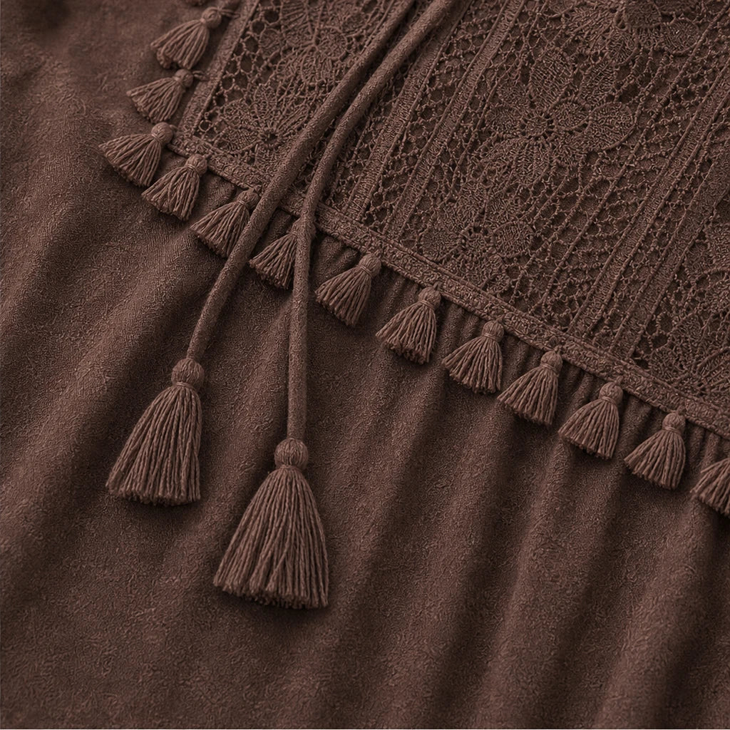 Florenza – Floral Lace Bib Tassel-Tie Peasant Blouse