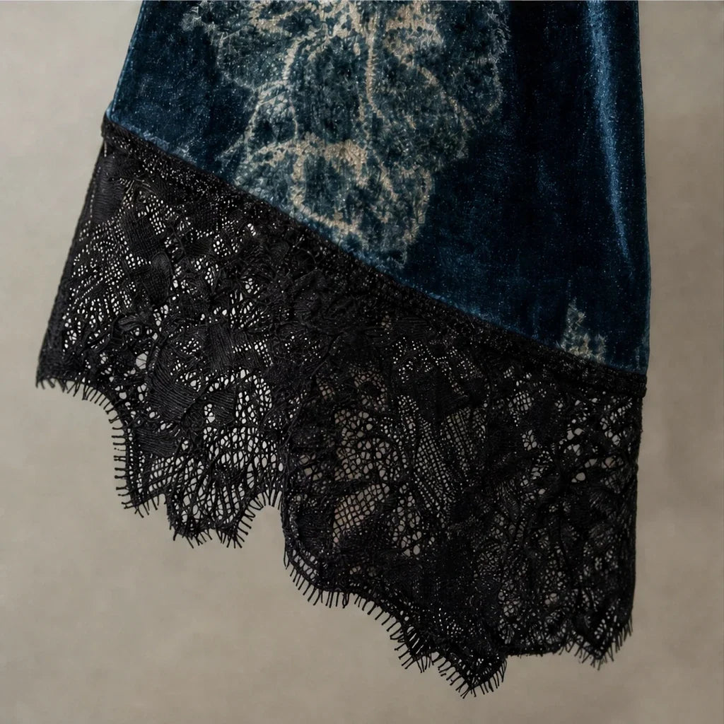 Velvette – Floral Velvet-Look Lace-Trim Bell-Sleeve Blouse