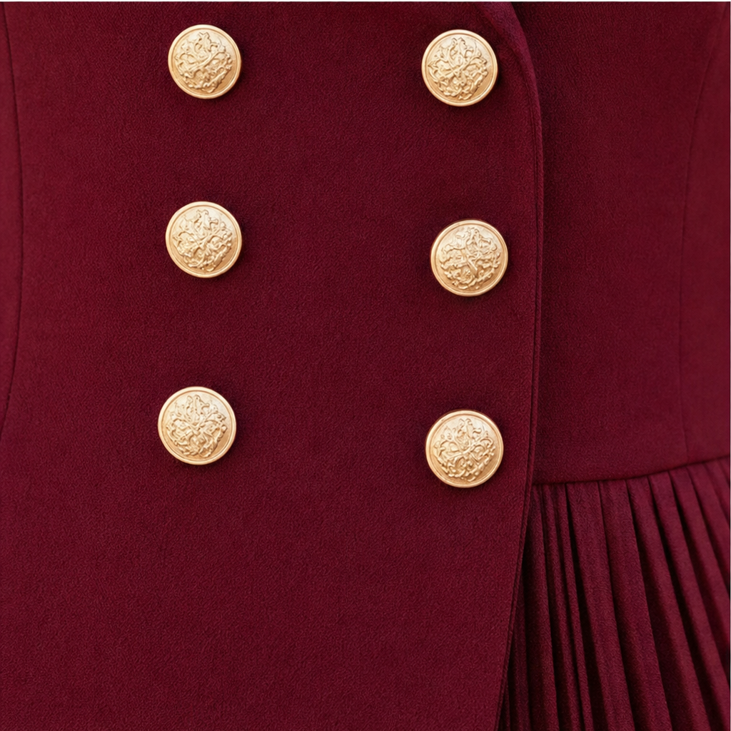 Vellaire – Gold Button Asymmetric Pleated Blazer Dress