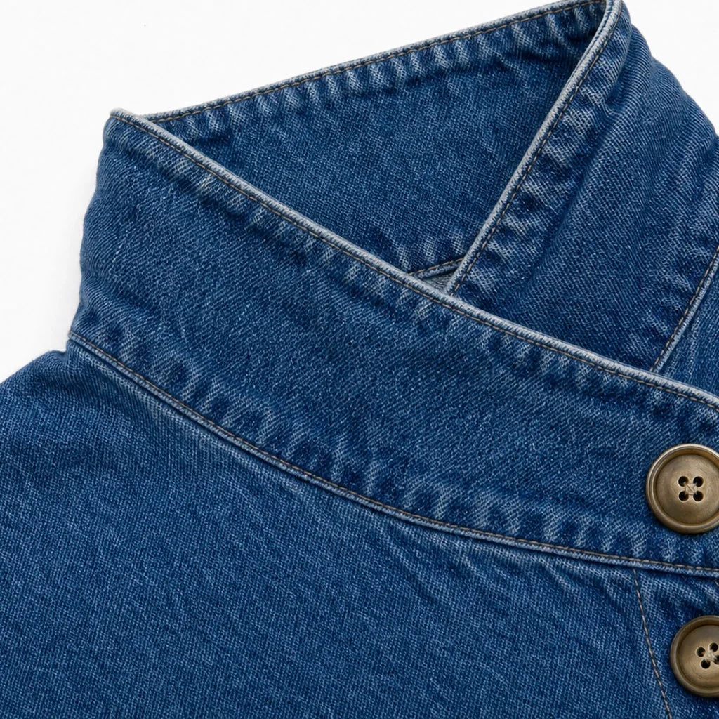 Angled Denim – Asymmetric Button Stand-Collar Denim-Look Jacket