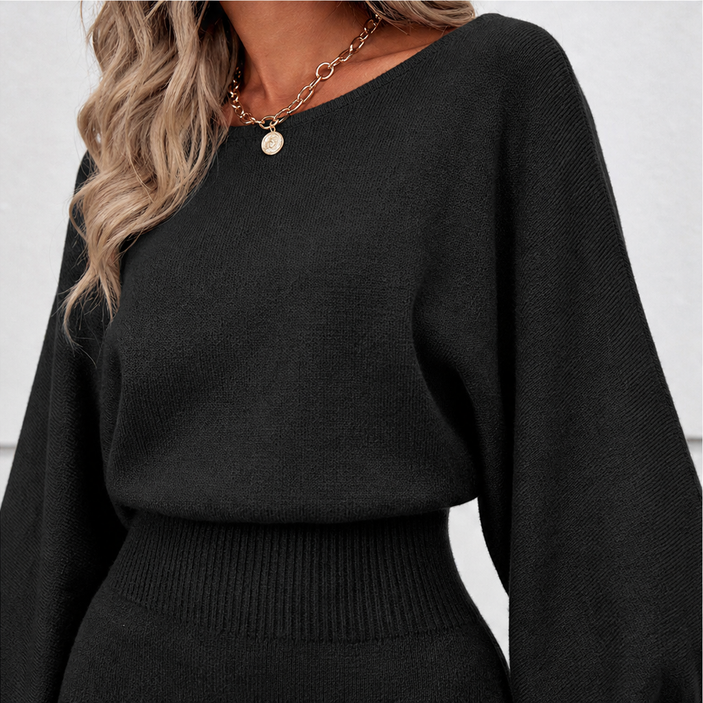 Veloura – Bat-Sleeve Wrap Knit Two-Piece Dress Set