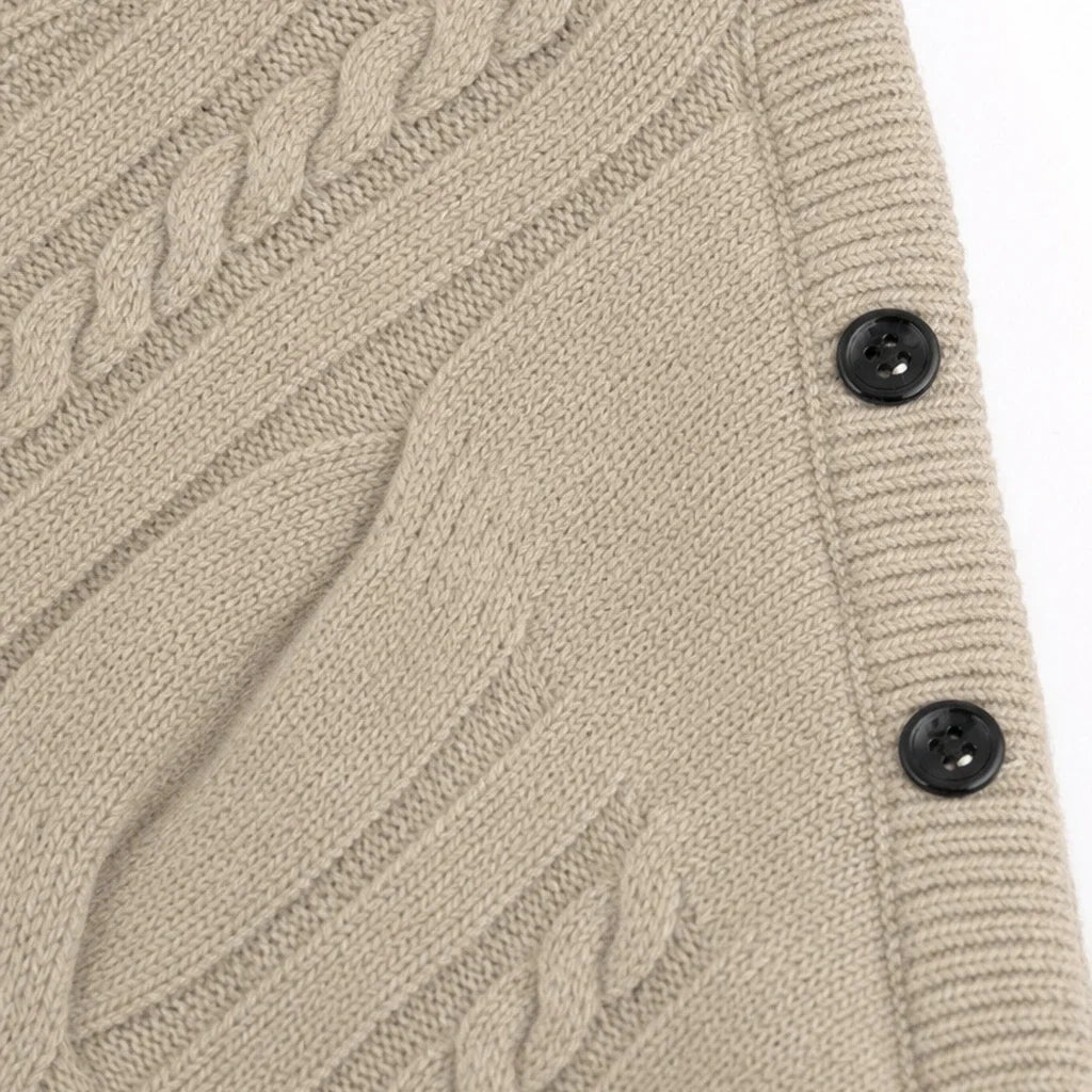 Drapella – Asymmetric Cable-Knit Button-Shoulder Sweater