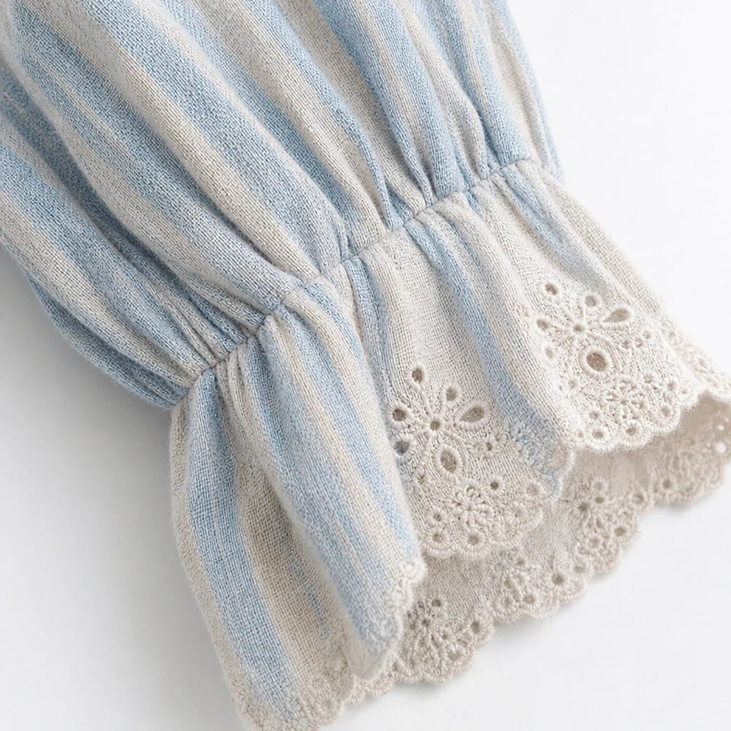 Lacey Lane – Striped Lace-Trim Linen-Blend Shirt