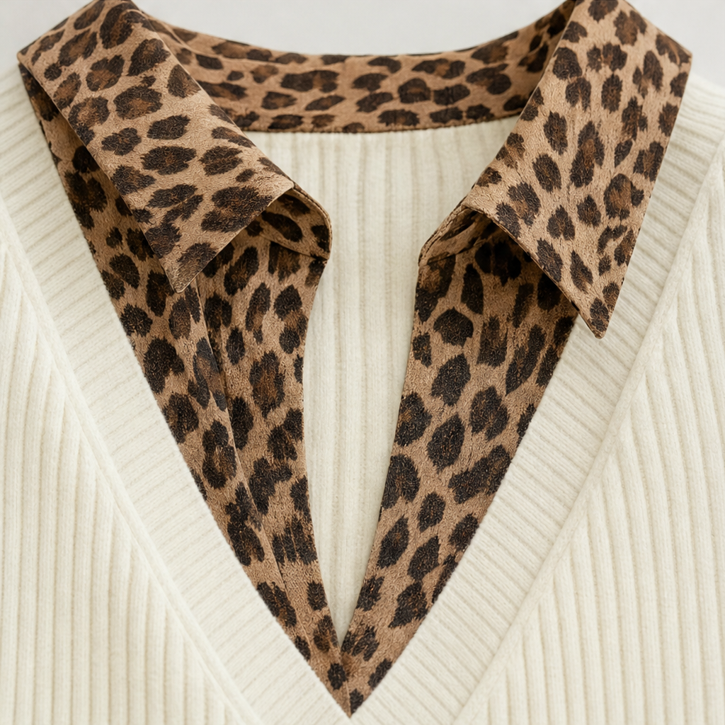 Leopardia – Leopard-Trim Knit Long Sleeve Mini Dress