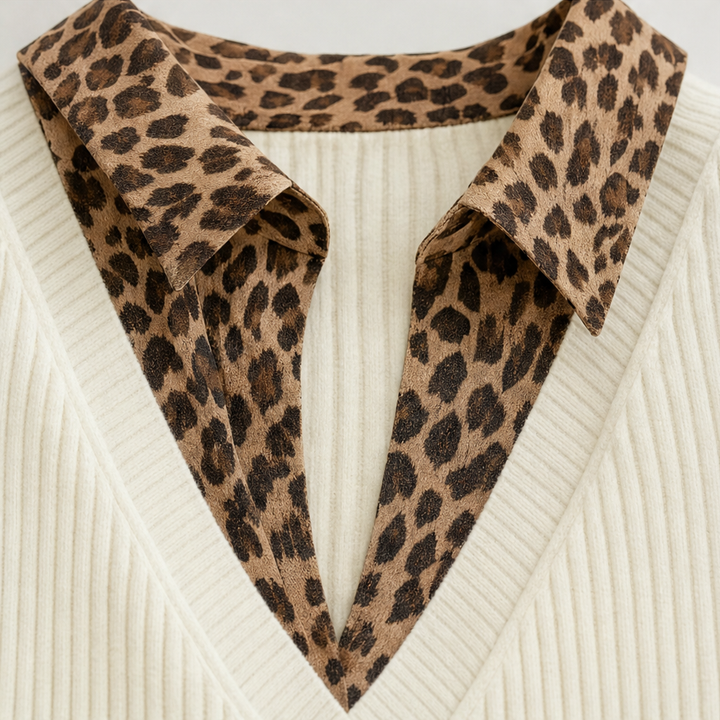 Leopardia – Leopard-Trim Knit Long Sleeve Mini Dress