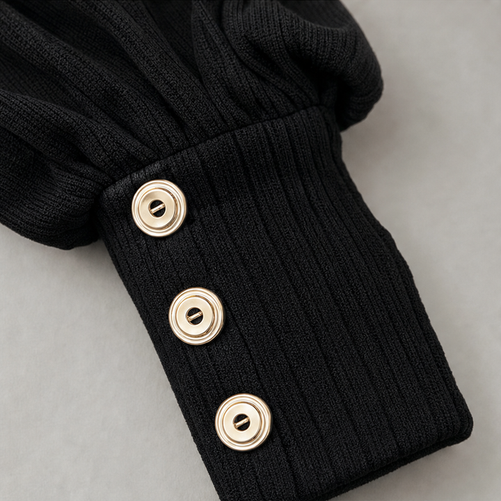 Square - Neck Puff-Sleeve Fitted Knit Top With Gold Cuff Buttons