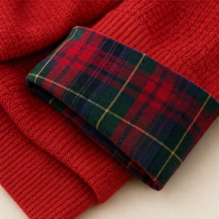 Plaidelle – Waffle Knit Plaid-Trim Crewneck Sweatshirt