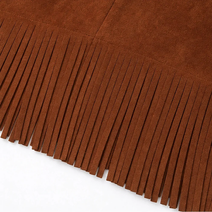 Suede Serenade – Faux Suede-Look Lantern Sleeve Fringe Midi Dress