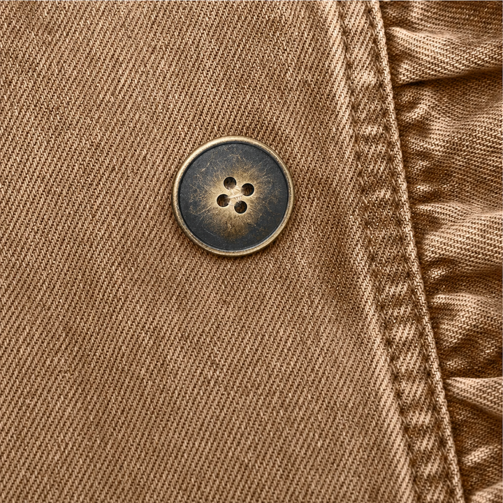 Ruffle & Row – Ruffle-Trim Button-Front Denim-Look Jacket