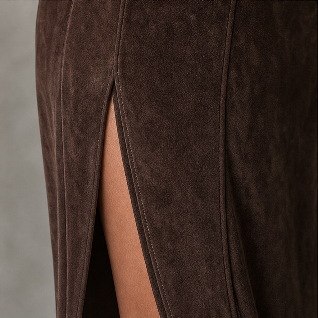 Noreva – Belted Zipper-Front Suede-Look Maxi Dress