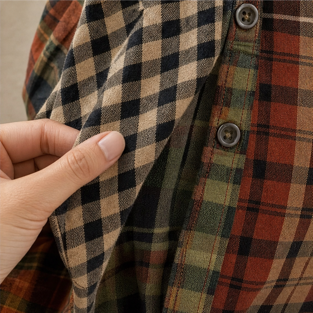 Plaidelle – Color-Block Patchwork Plaid Button-Up Shirt