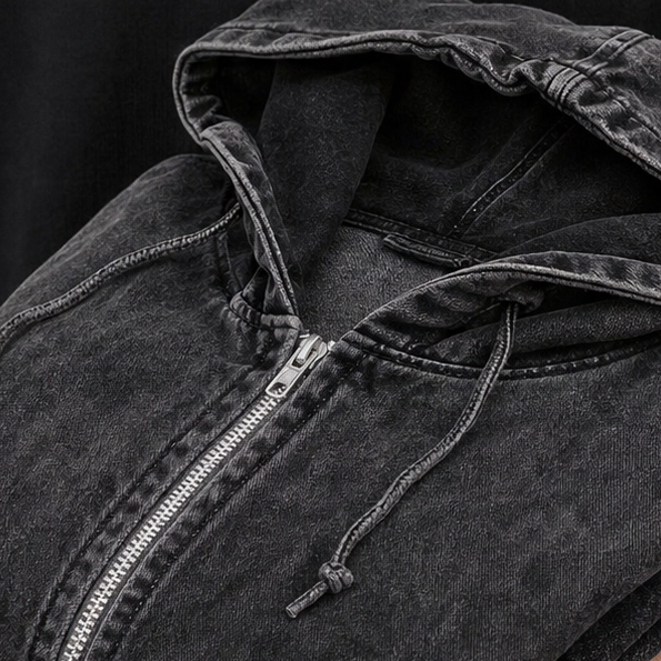 Denim Muse – Oversized Washed Denim Zip-Up Hoodie Jacket