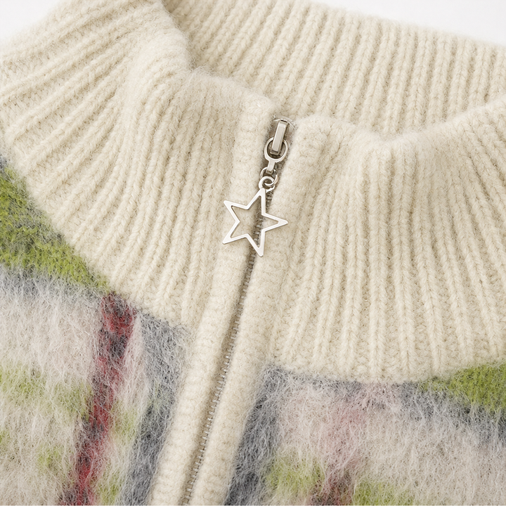 Checkermere – Plush Plaid Zip-Up High-Collar Cardigan