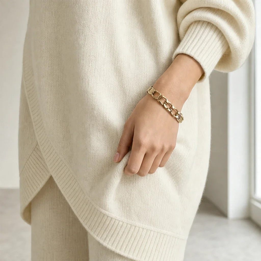 Mackenzie – Gold-Button Asymmetric Knit Two-Piece Set