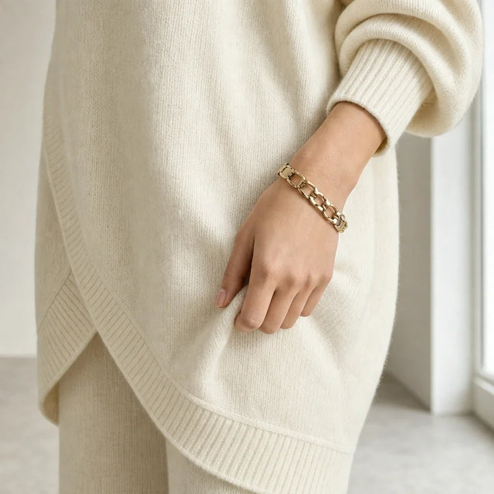 Mackenzie – Gold-Button Asymmetric Knit Two-Piece Set