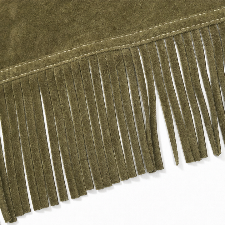 Swayelle – High-Neck Faux-Suede Fringe Mini Dress