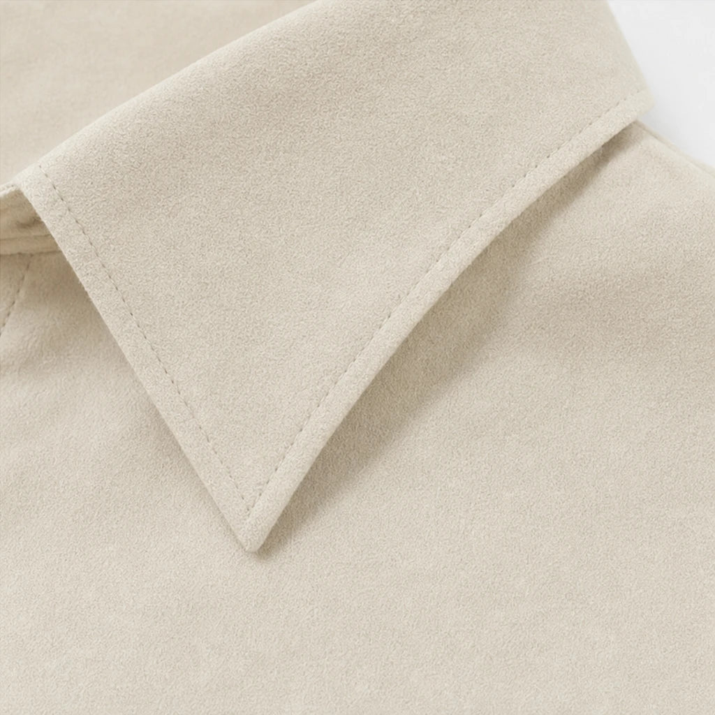 Veloura – Gold-Button Suede-Look Stretch Blouse