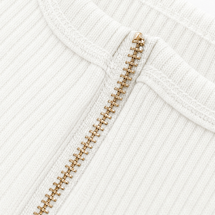 Zipelle – Ribbed Half-Zip Notched Collar Knit Top