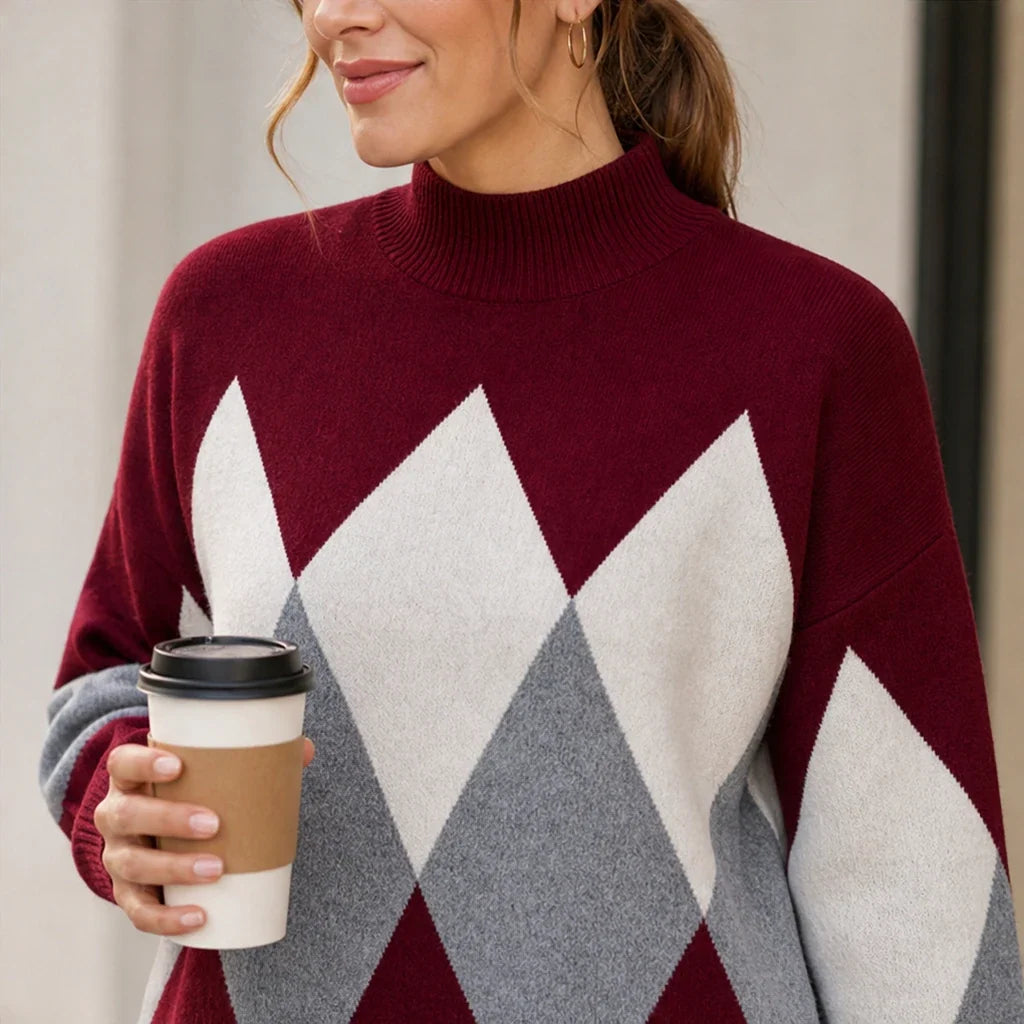 Argyle Ease – Argyle Knit Sweater And Wide-Leg Trouser Set