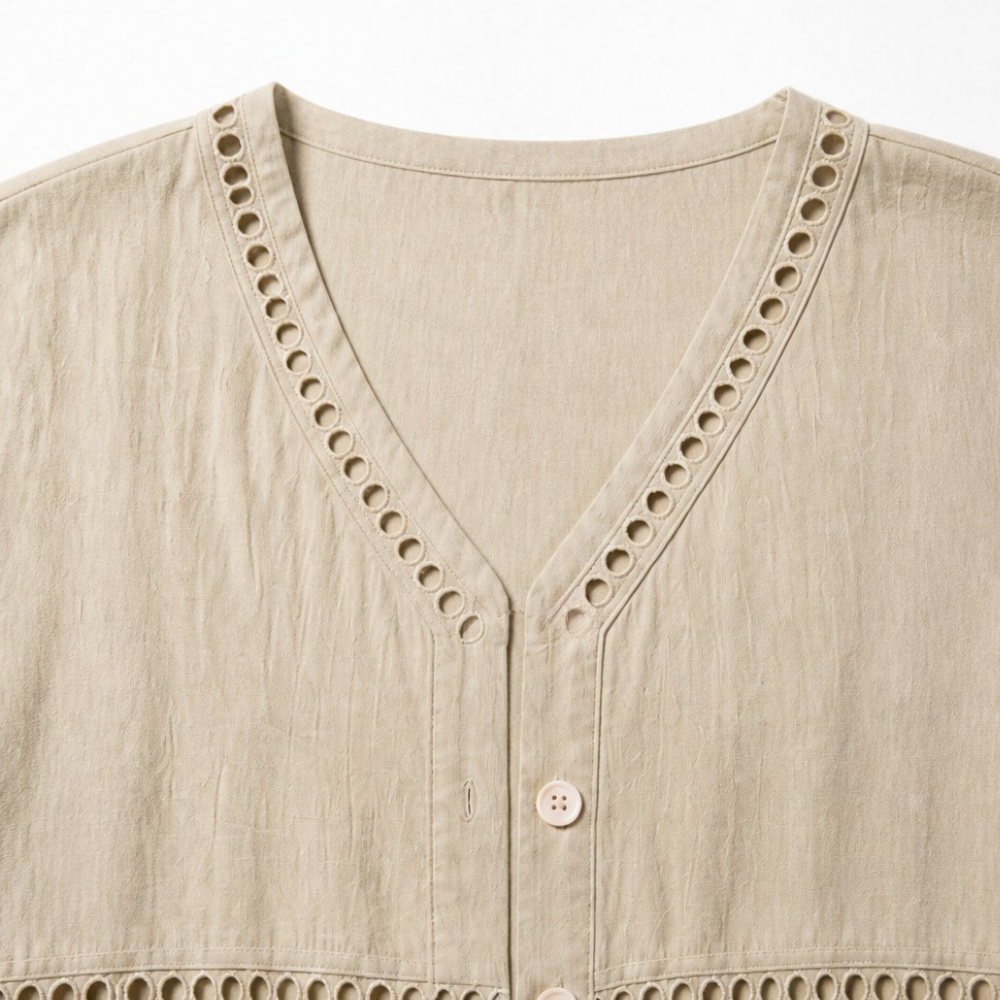 Loralee – Women's Lace Look-Trim Button-Up Blouse with Soft V-Neck Drape