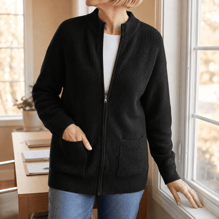 Covena™ – Soft Knit Zip Up Cardigan with Pockets Black / S