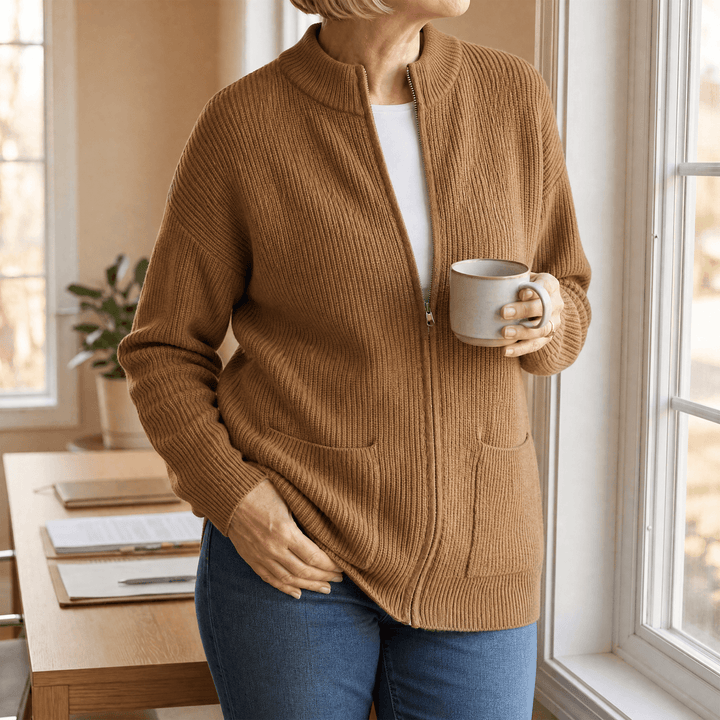Covena™ – Soft Knit Zip Up Cardigan with Pockets Brown / S