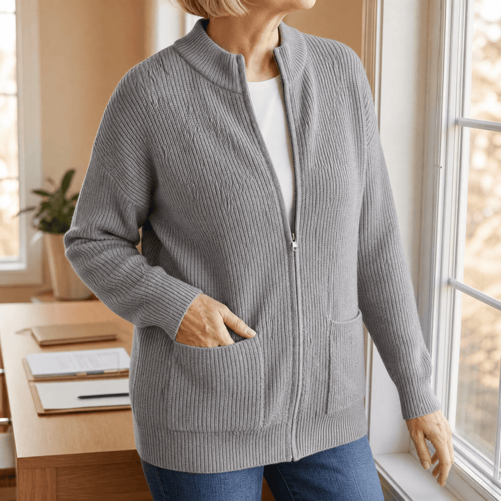 Covena™ – Soft Knit Zip Up Cardigan with Pockets Gray / S