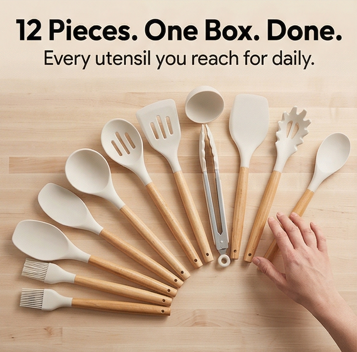 Culinara™ – 12 Piece Silicone Kitchen Set with Wooden Handles