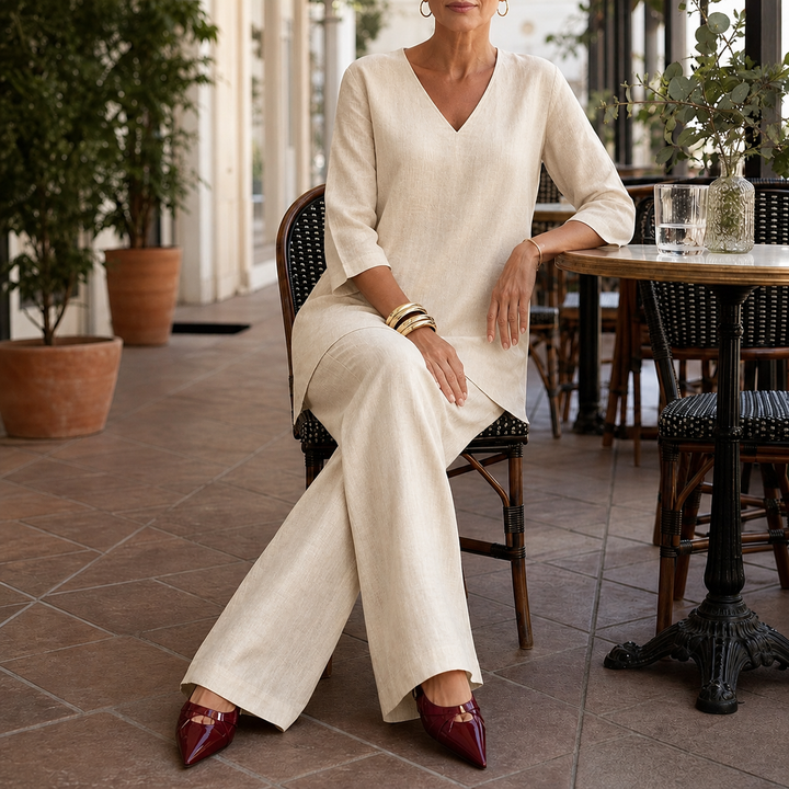 Draperly – V-Neck Linen-Look Two-Piece Set