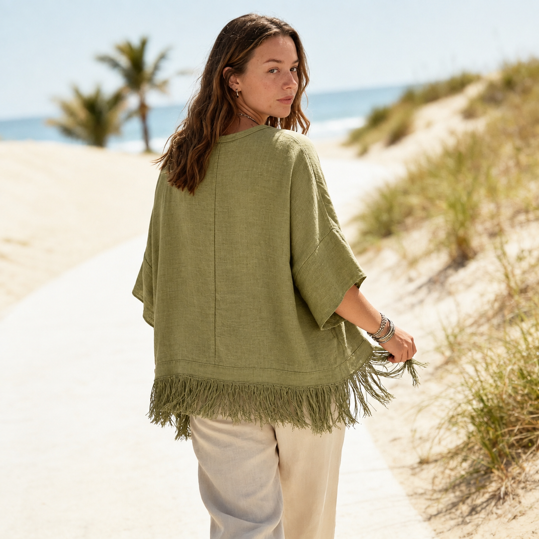 Wovelle – Fringed Hem Boxy Drop-Shoulder Blouse