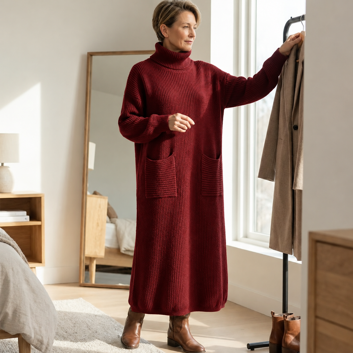 Velara – Women's Relaxed Turtleneck Sweater Dress with Pockets