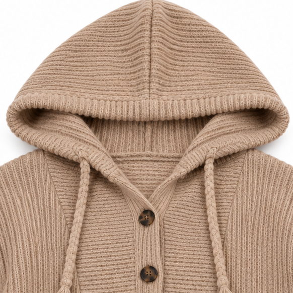 Wovella – Ribbed Knit Button-Neck Hoodie Sweater