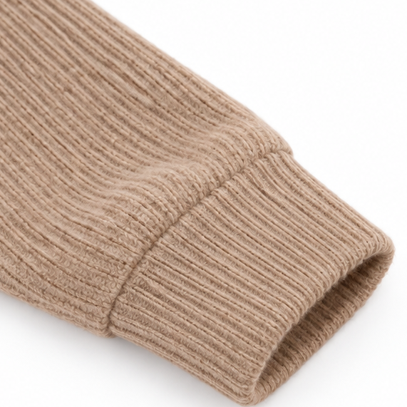Wovella – Ribbed Knit Button-Neck Hoodie Sweater