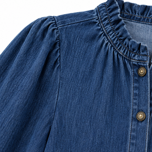 Wearbella – Ruffled Mock-Neck Blouson Sleeve Denim-Look Blouse