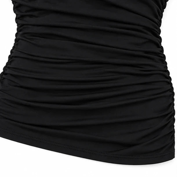 Veilora – Sheer Mesh Crisscross Mock Neck Blouse