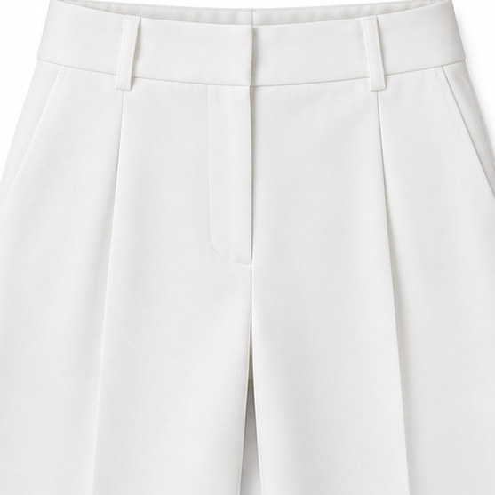 Calminore – White Wide-Leg Tailored Trousers, Pressed Crease, Full Length