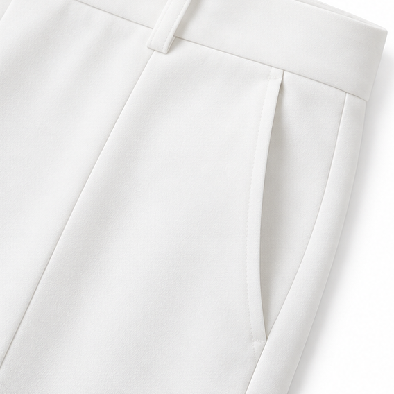 Calminore – White Wide-Leg Tailored Trousers, Pressed Crease, Full Length