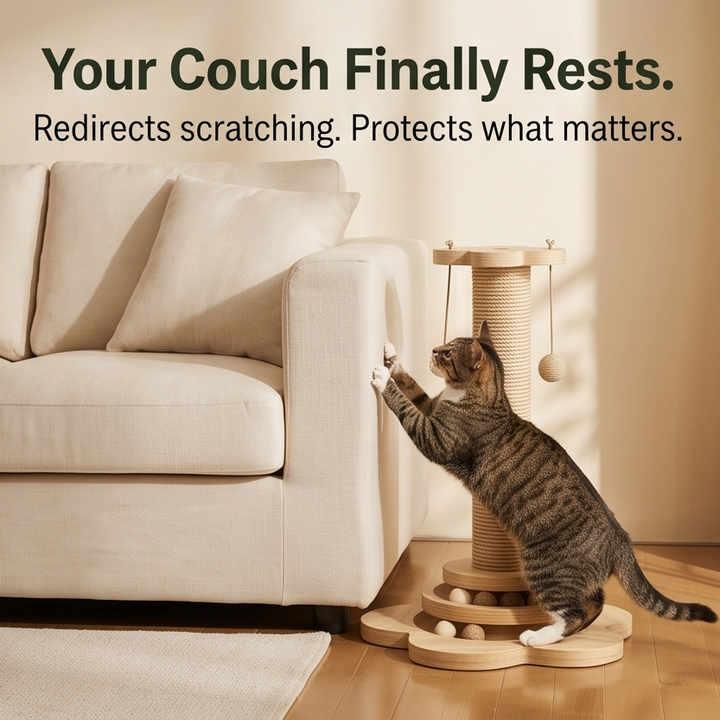 Purrch™ – 3-in-1 Sisal Scratching Post with Ball Track and Feather Wand