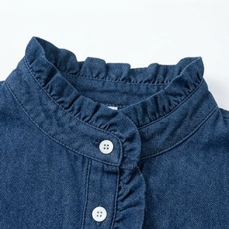 Ruffelle – Ruffle Collar Puff Sleeve Denim-Look Blouse